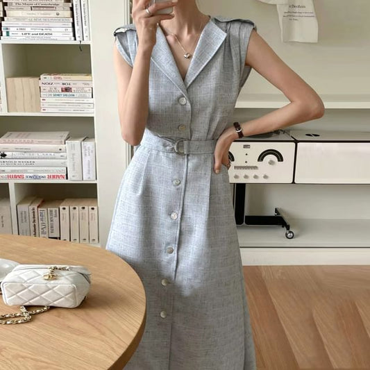 Cap-Sleeve Lapel Collar Button Midi A-Line Dress