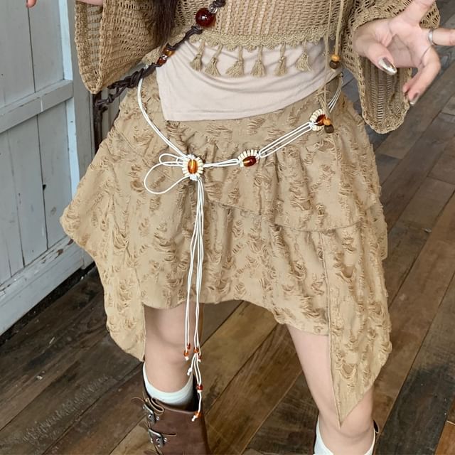 Chain Mid Tassel Waist Distressed Cropped Rise Cami Sweater Plain Asymmetrical Skirt Beaded Detail A-Line Mini / Top