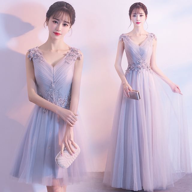 Evening Gown Plain Dress / Floral A-Line Applique Sleeveless V-Neck Mesh Ruched Mini Cocktail