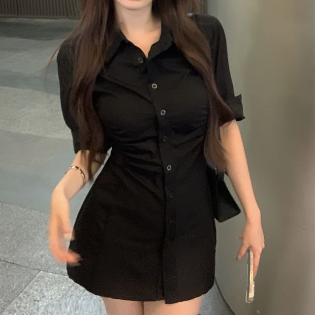 Button-Up Sheath 3/4-Sleeve Dress Mini Shirt Ruched Plain