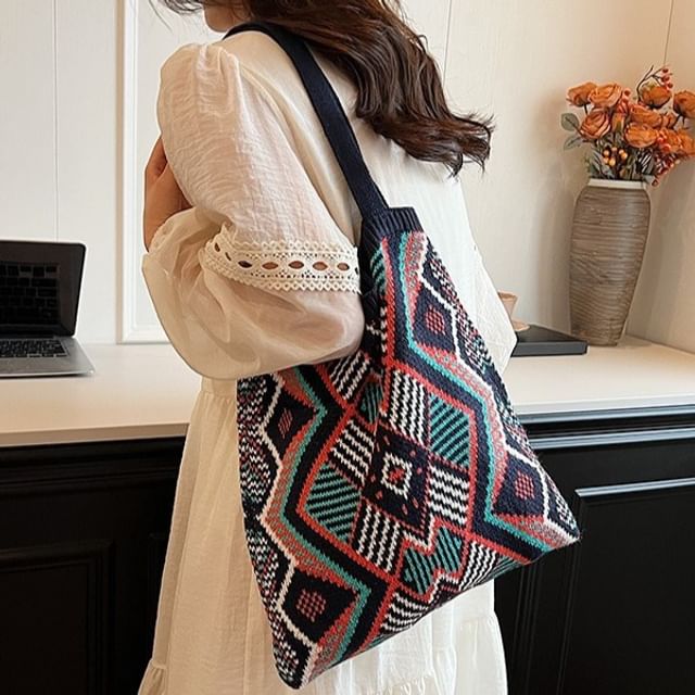 Knit Bag Patterned Geometric Tote