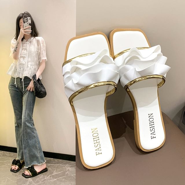 Square Ruffle Slide Toe Sandals