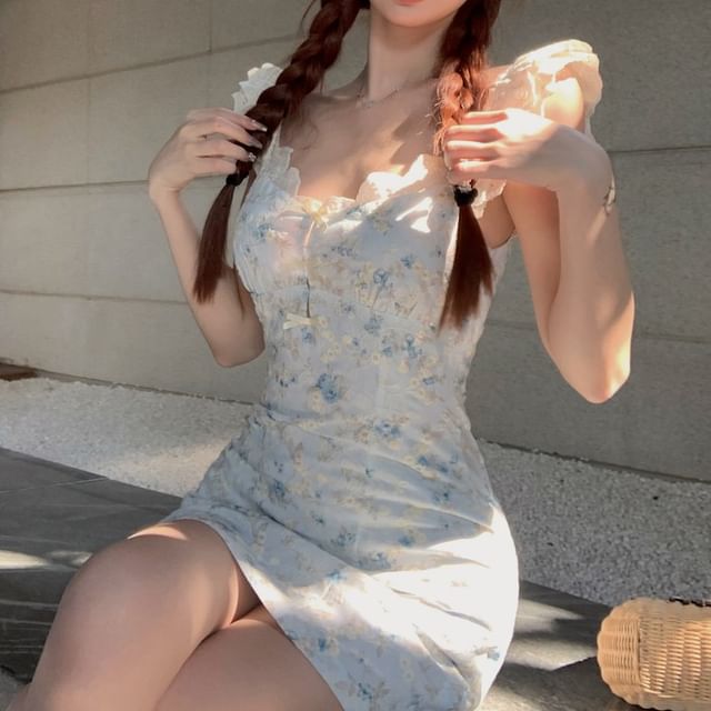 Dress Spaghetti Neck Floral Strap Sheath Mini Scoop