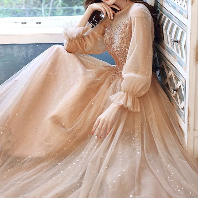 Evening / Dress Mesh A-Line Long-Sleeve Sequin Gown