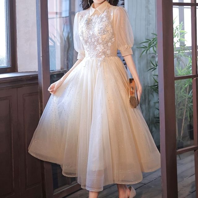 Mesh A-Line Evening Dress Floral Gown Short-Sleeve /