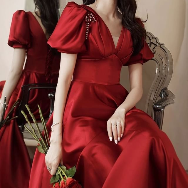 Beaded V-Neck Ribbon Dress Gown Short-Sleeve A-Line / Evening