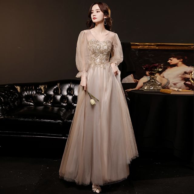 Gown Dress Mesh Evening A-Line Long-Sleeve / V-Neck