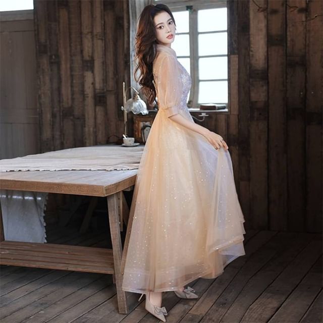 Mesh A-Line Evening Dress Floral Gown Short-Sleeve /