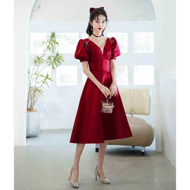 Beaded V-Neck Ribbon Dress Gown Short-Sleeve A-Line / Evening