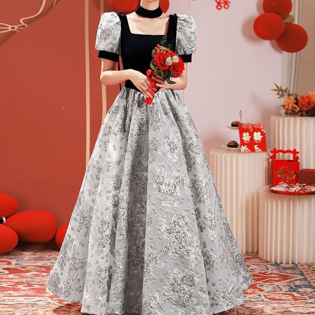 Square Short-Sleeve Neck Gown Evening Lace A-Line