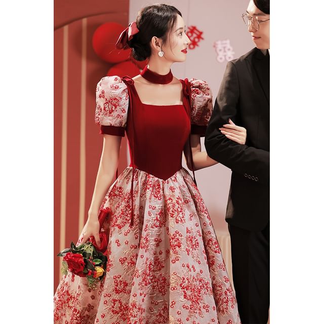 Square Short-Sleeve Neck Gown Evening Lace A-Line