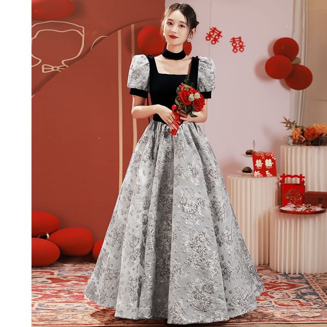 Square Short-Sleeve Neck Gown Evening Lace A-Line