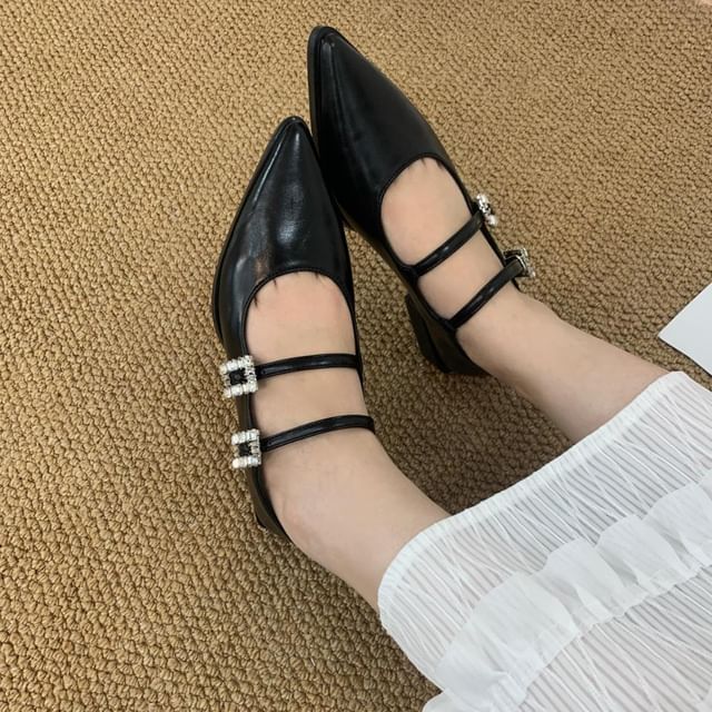Pointed Toe Rhinestone Buckle Mary Jane Shoes