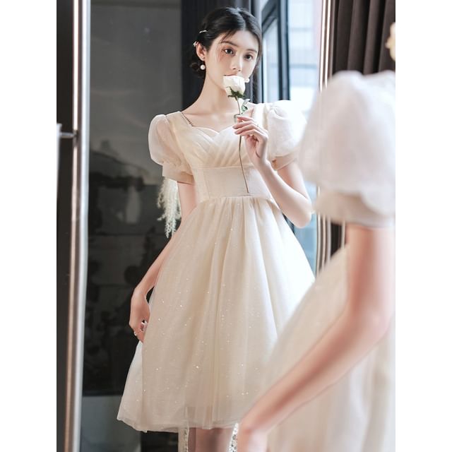 Gown Glitter Evening Dress V-Neck Party Short-Sleeve A-Line /