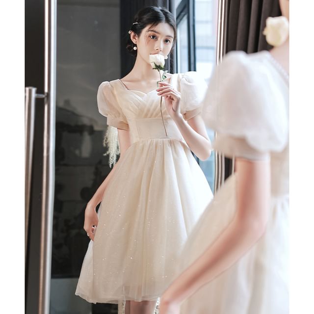 Gown Glitter Evening Dress V-Neck Party Short-Sleeve A-Line /