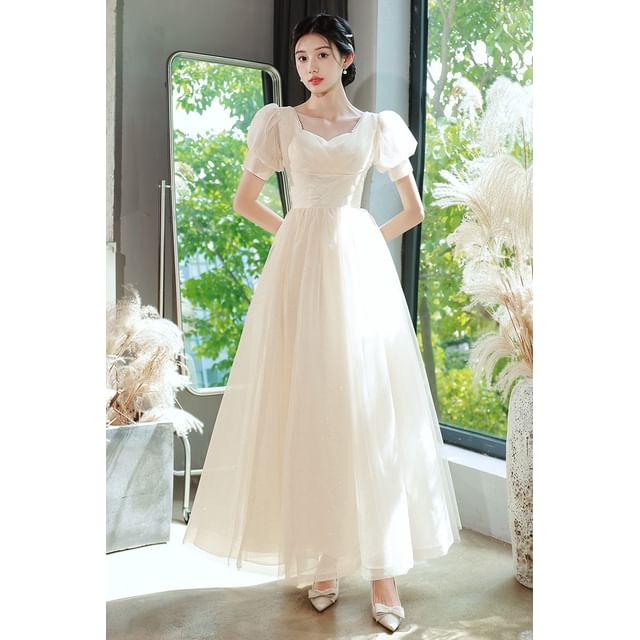 Gown Glitter Evening Dress V-Neck Party Short-Sleeve A-Line /