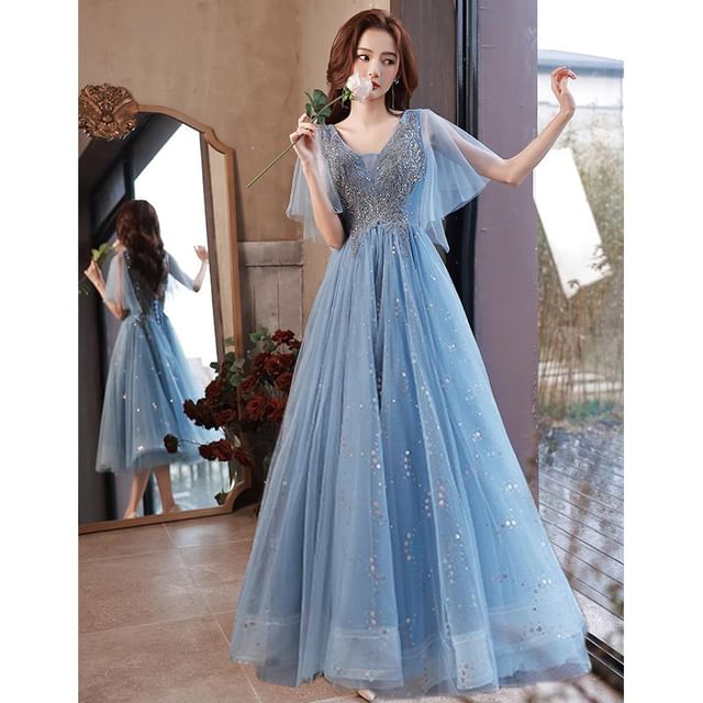 Evening A-Line Glitter Short-Sleeve (Various Designs) V-Neck Gown