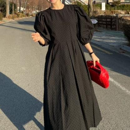 Puff-Sleeve Crewneck Dotted Maxi A-Line Dress