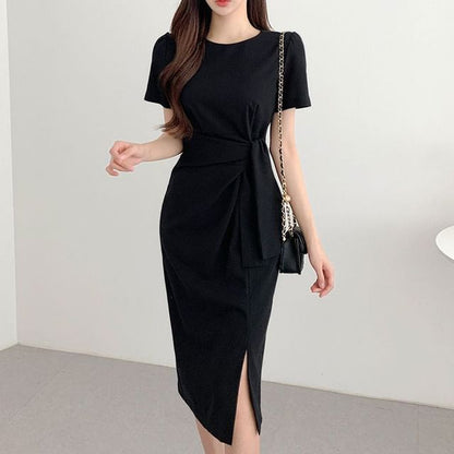 Short-Sleeve Crewneck Sashed Plain Midi Sheath Dress