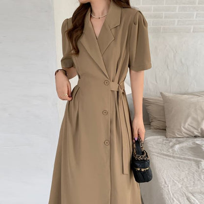 Short-Sleeve Button-Up Sashed Plain Midi A-Line Dress