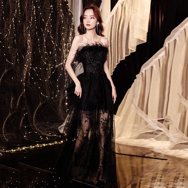 Gown Sequin Panel Evening Lace A-Line Strapless