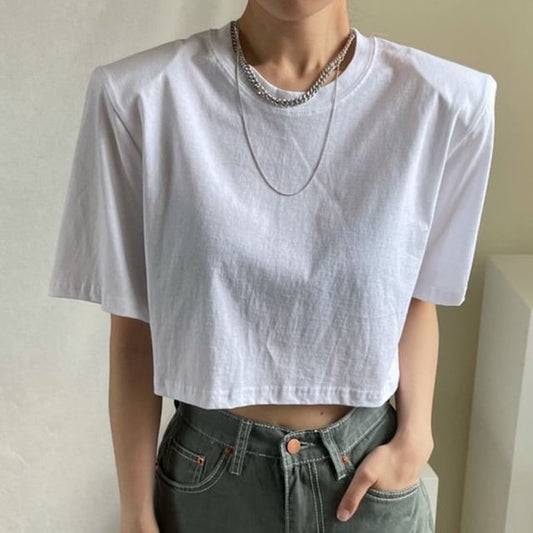 Short-Sleeve Crewneck Plain Crop T-Shirt