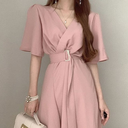 Short-Sleeve V-Neck Wrapped Plain Midi A-Line Dress