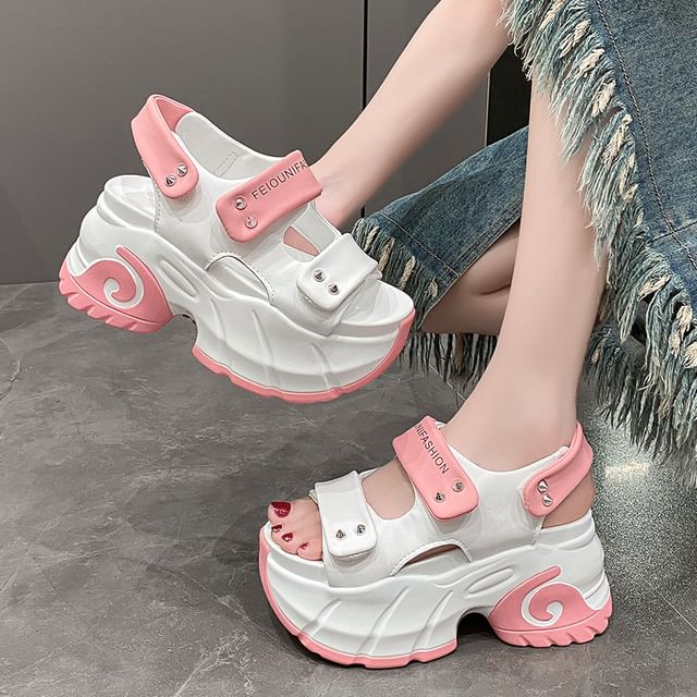 Adhesive Slingback Platform Two Sandals Strap Studded Tone