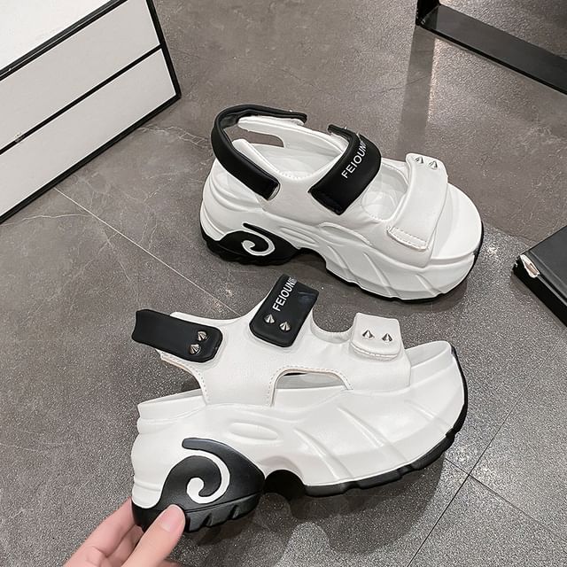 Adhesive Slingback Platform Two Sandals Strap Studded Tone