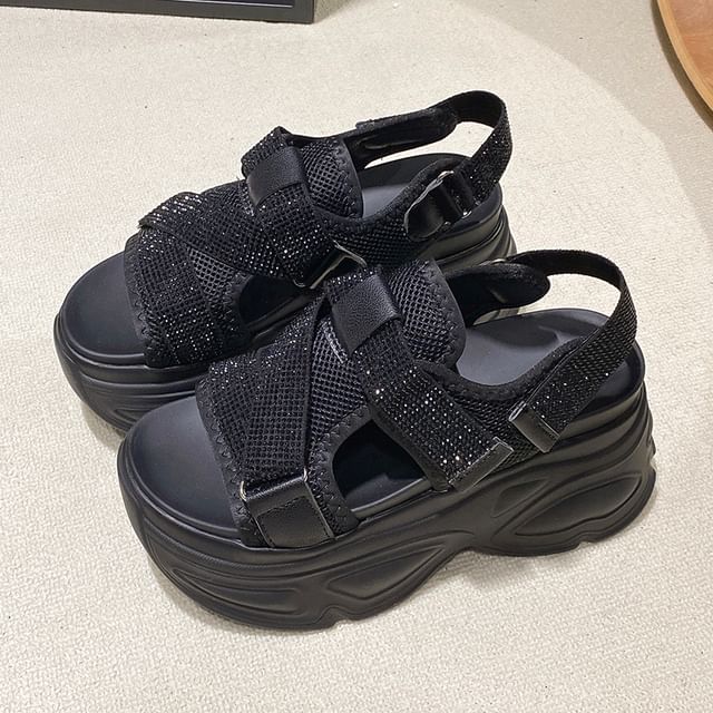 Slingback Mesh Sandals Adhesive Strap Rhinestone Platform