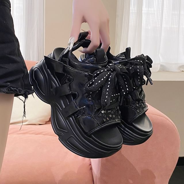 Slingback Sequin Sandals Platform Lace-Up