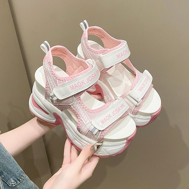 Wedge Slingback Lettering Mesh Adhesive Print Strap Heel Sandals