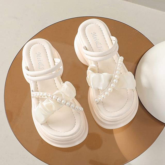 Ruched Cross Pearl Accent Sandals Faux Strap Platform