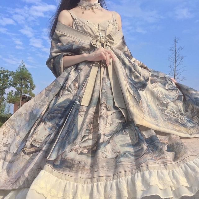 Spaghetti Strap Printed Maxi A-Line Dress / Scarf / Set