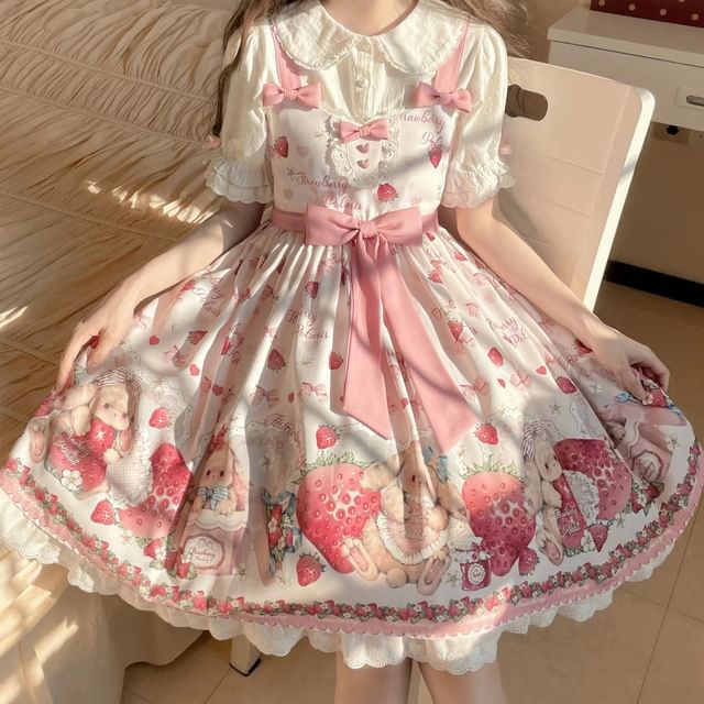 Spaghetti Strap V-Neck Rabbit Print Mini A-Line Dress / Short-Sleeve Blouse / Set