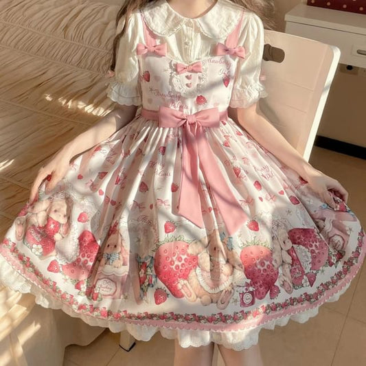 Spaghetti Strap V-Neck Rabbit Print Mini A-Line Dress / Short-Sleeve Blouse / Set