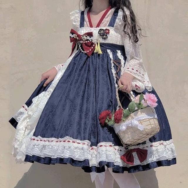 Long-Sleeve V-Neck Two Tone Lace Top / Suspender A-Line Dress / Set