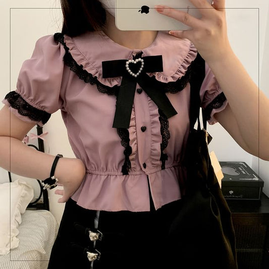 Short-Sleeve Collared Plain Bow Tie Lace Trim Blouse
