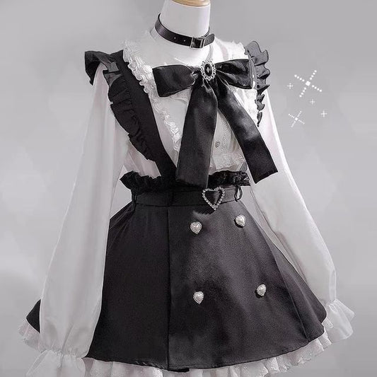 Long-Sleeve Bow Neck Blouse / High Rise Plain Mini A-Line Skirt / Set