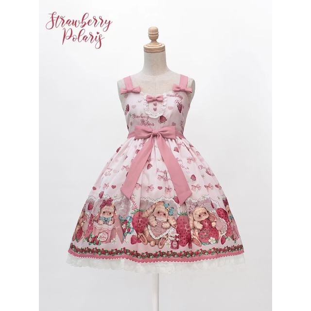 Spaghetti Strap V-Neck Rabbit Print Mini A-Line Dress / Short-Sleeve Blouse / Set