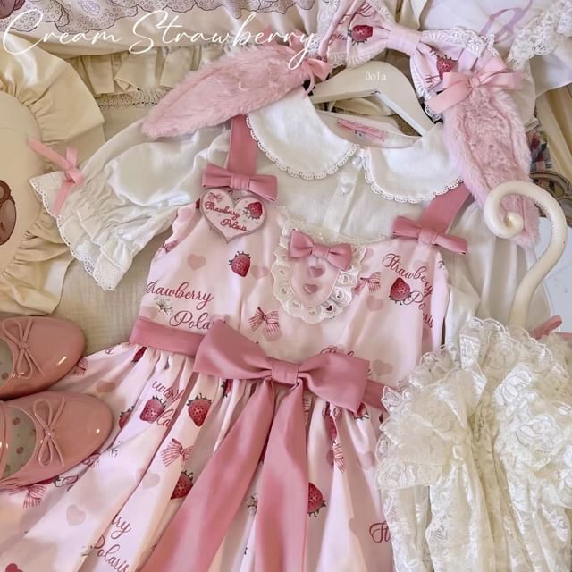 Spaghetti Strap V-Neck Rabbit Print Mini A-Line Dress / Short-Sleeve Blouse / Set