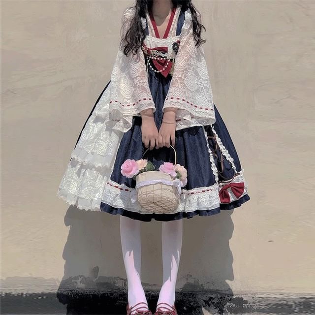 Long-Sleeve V-Neck Two Tone Lace Top / Suspender A-Line Dress / Set