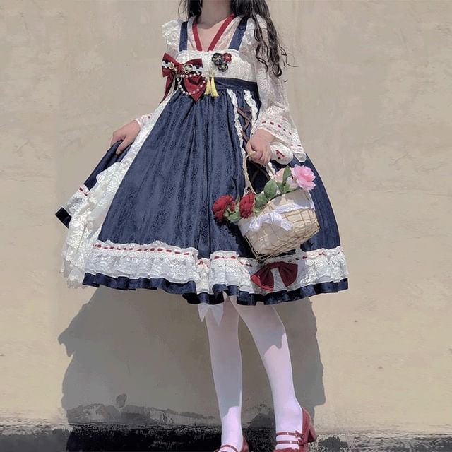 Long-Sleeve V-Neck Two Tone Lace Top / Suspender A-Line Dress / Set