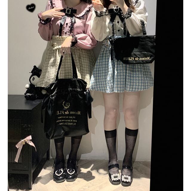 Collared Plain Bow Tie Lace Trim Blouse