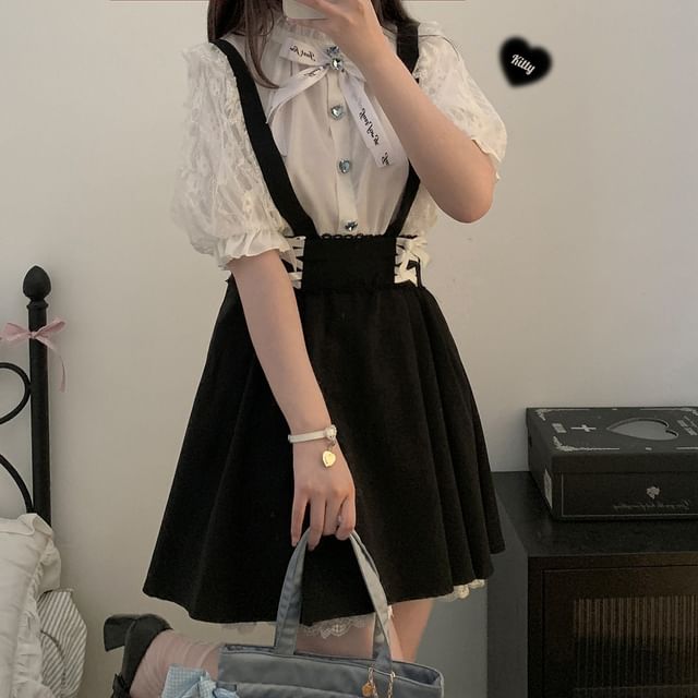 Lace Trim Suspender Mini A-Line Skirt