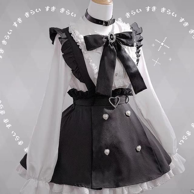 Long-Sleeve Bow Neck Blouse / High Rise Plain Mini A-Line Skirt / Set