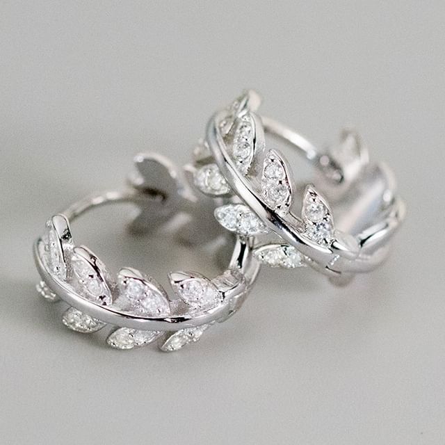 Sterling Silver Rhinestone Leaf Hoop Earring