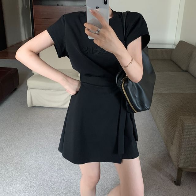 Two Embossed Lettering Crew Dress A-Line Plain Short-Sleeve Mock Neck Mini Piece