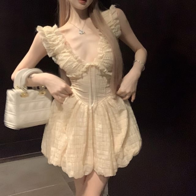 Plain Sleeveless Mini Dress A-Line Ruffle