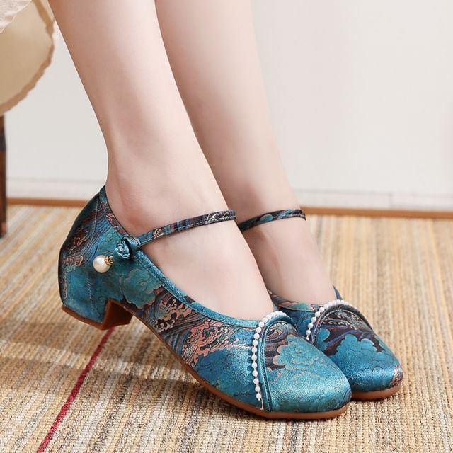 Textile Embroidered Low Heel Sandals